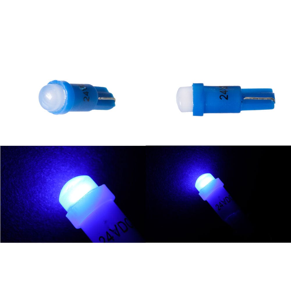 T5型LEDウェッジ球メーター球・エアコンパネル球・灰皿球など車内イメージを変貌させ個性的に演出します。2個入り。●定格電圧(V) 24 ●寸法(Φmm) LED部4.8 ●LED色 ブルー ●高さH×直径(mm×Φmm) 18×6 ●定格電流(mA) 3 ●明るさ(Lm) 1.1 ※お買い求めの際は、使用予定の箇所が実際に交換式T5ウェッジ球が使われていることをご確認ください。※本製品は極性がございます。取付の際は極性向きをご確認ください。 【送料】 送料：1回のご注文につき600円（税別）の送料をご請求いたします。 ※沖縄・離島は別途見積もりとなります。 ※ご注意 こちらの商品は取寄せ対応品です。 ご注文〜納品まで日数がかかる場合がございます。 ご注文後、メーカー欠品等による出荷できない場合がございます。 速やかにご連絡させていただきますので、あらかじめご了承くださいませ。