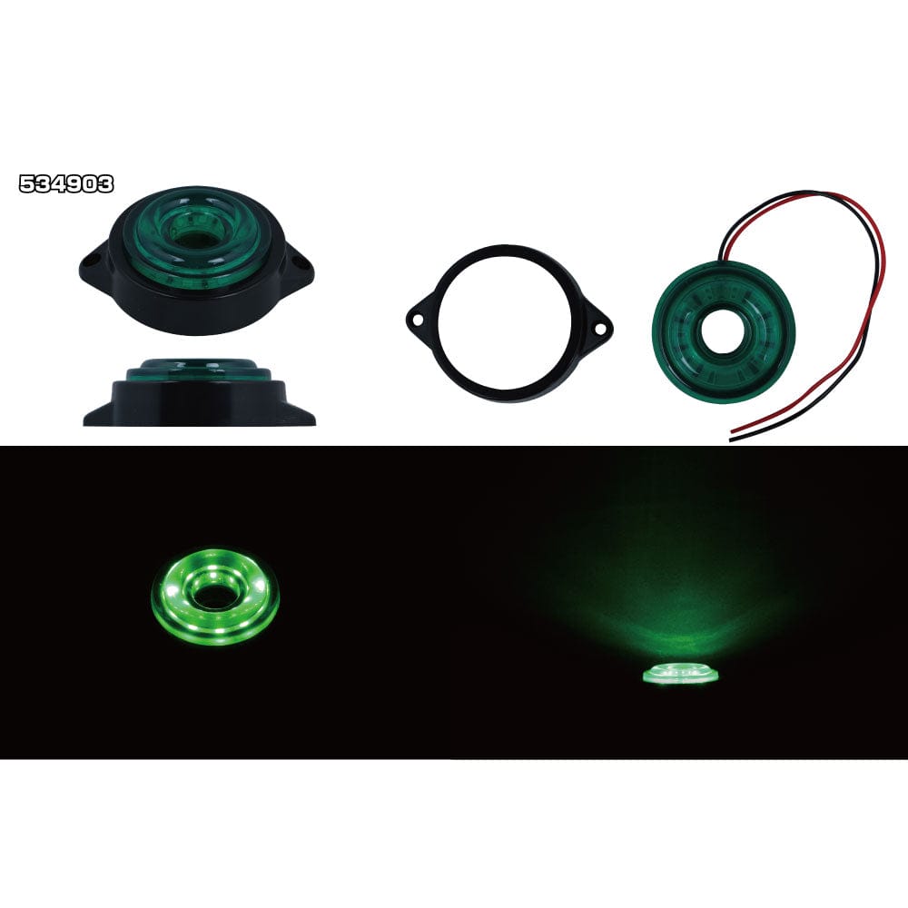 自由な発想で取付できる丸い形状をしたLEDマーカー●材質 ABS樹脂 ●色 グリーン ●径(Φmm) ランプ部分：57 ●ピッチ(mm) 67(螺子) ●レンズ色 グリーン ●定格電圧(V) DC24(最大28) ●LED 10PCS ●明るさ(Lm) 2W/60LM ※取付用ビスの付属はございません。 【送料】 送料：1回のご注文につき600円（税別）の送料をご請求いたします。 ※沖縄・離島は別途見積もりとなります。 ※ご注意 こちらの商品は取寄せ対応品です。 ご注文〜納品まで日数がかかる場合がございます。 ご注文後、メーカー欠品等による出荷できない場合がございます。 速やかにご連絡させていただきますので、あらかじめご了承くださいませ。