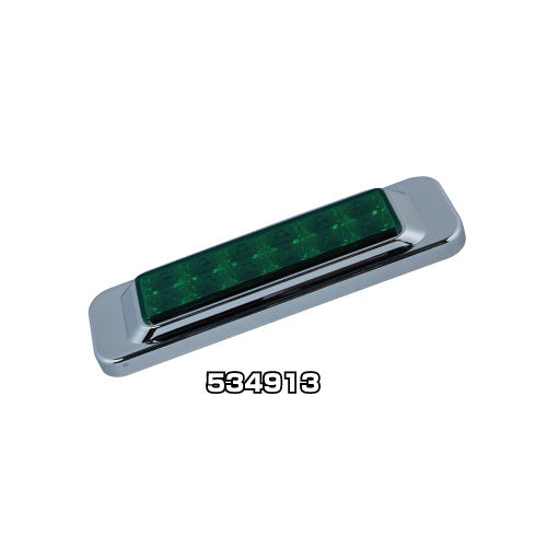 自由な発想で取付できるLEDマーカーメッキカバー付き。●材質 ABS樹脂 ●色 グリーン ●ピッチ(mm) 120(螺子) ●レンズ色 グリーン ●定格電圧(V) DC24(最大28) ●LED 12PCS ●寸法(縦×横×高さ)(mm) 約40×143×20 ●明るさ(Lm) 2.4W/200LM ※本製品はDC24V車専用です。それ以外には使用しないでください。 【送料】 送料：1回のご注文につき600円（税別）の送料をご請求いたします。 ※沖縄・離島は別途見積もりとなります。 ※ご注意 こちらの商品は取寄せ対応品です。 ご注文〜納品まで日数がかかる場合がございます。 ご注文後、メーカー欠品等による出荷できない場合がございます。 速やかにご連絡させていただきますので、あらかじめご了承くださいませ。
