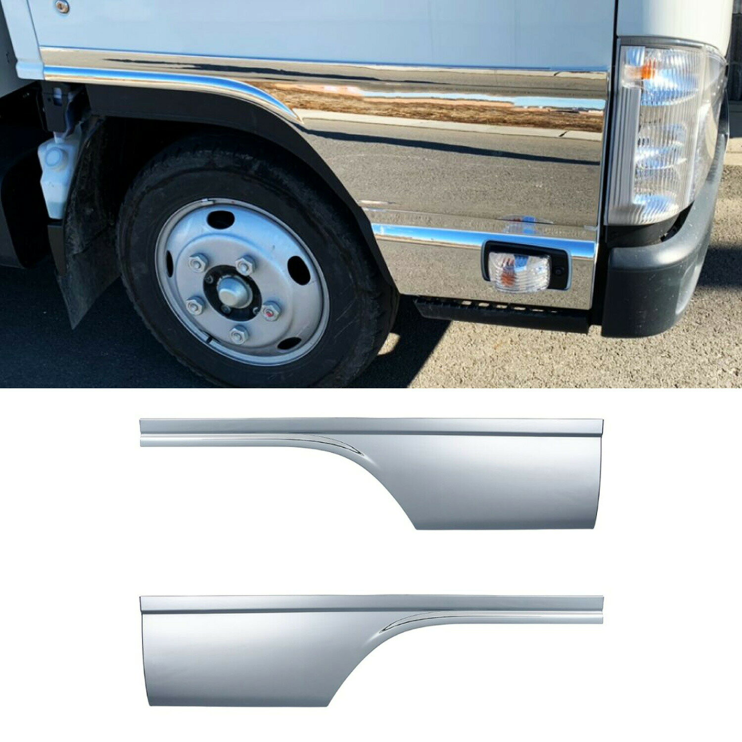 いすゞ07エルフ標準ローキャブ車用ドアガーニッシュ。ドアサイドマーカー付き車。RLセット。上下とも取付け以外に、ヘッドライト下部のラインに合わせ「上側だけ付けたい、下側だけ付けたい」などのニーズにも対応。貼り付けるだけで印象がガラリと変わるサイド廻りメッキパーツ定番商品。・適合車種 いすゞ2t：07エルフ　標準ローキャブ車（H19.1〜　）・材質 樹脂/クロームメッキ・はりつけ式※両面テープで固定する製品ですが、合わせてコーキング処理を施す取付けを推奨いたします。※取付けの際は必ず仮組し、取付け位置の確認をしてください。状況により取付けできなくなる場合や製品の破損につながる場合があります。 【送料】 送料：1回のご注文につき600円（税別）の送料をご請求いたします。 ※沖縄・離島は別途見積もりとなります。 ※ご注意 こちらの商品は取寄せ対応品です。 ご注文〜納品まで日数がかかる場合がございます。 ご注文後、メーカー欠品等による出荷できない場合がございます。 速やかにご連絡させていただきますので、あらかじめご了承くださいませ。