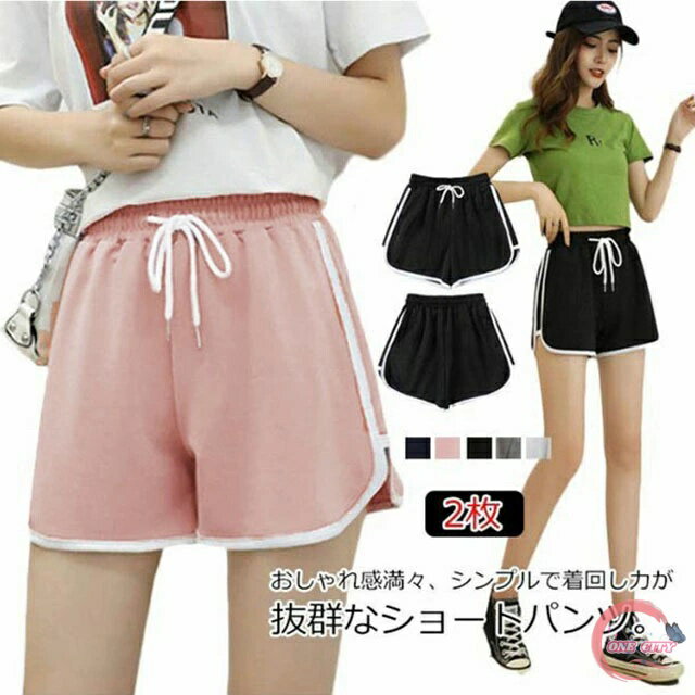 Nylon, Rayon, Polyester - ショートパンツ ウエストゴム スポーツ ボトムス 2枚セット 可愛い 部屋着 日常用 ゆったり 通気性 多機能 アウトドア レディース フィットネス お洒落 ルームウェア 夏物