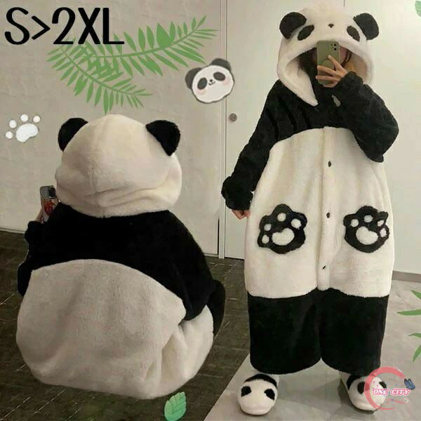 パンダ ルームウェア もこもこ パジャマ 冬 長袖 ナイトガウン 着る毛布 大きいサイズ 前開き フード付き 寝巻き 部屋着 暖かい あったか 着ぐるみ モコモ...