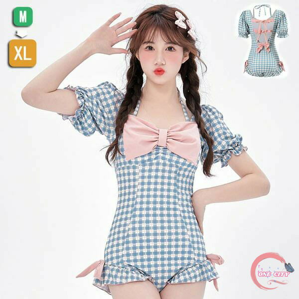 【限定500円OFF】水着 レディース ワンピース 一体型 チェック柄 ハイウエスト セクシー 可愛い リボン 体型カバー 着痩せ パッド付 かわいい 女性 海水浴 温泉 韓国風 ブルー df020m3m3l9