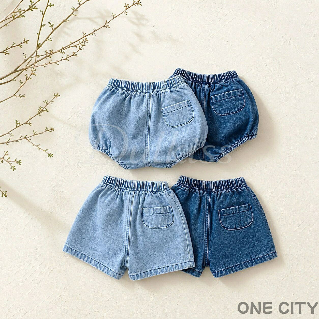 ONE CITYの送料無料 ベビーデニムブルマパンツ デニムショートパンツ ブルマパンツ オーバーパンツ ベビーブルマー かぼちゃパンツ べビー服 赤ちゃん キッズ 女の子 男の子 ボトムス シンプル ショーパン 半パン 短パン ベビーウェア 半ズボン｜アングル3