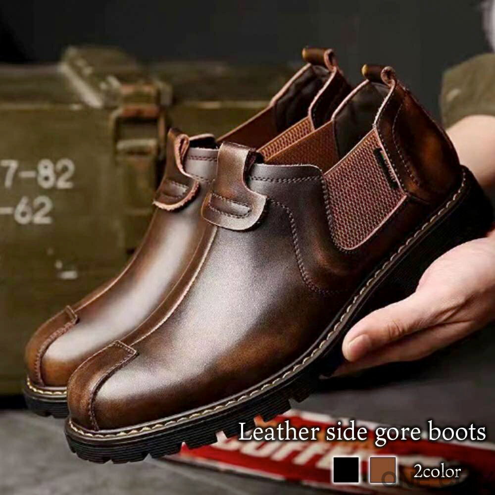 ブーツ メンズ レザーサイドゴアブーツ 軽い あったか 本革 滑らない 革 レザー 幅...