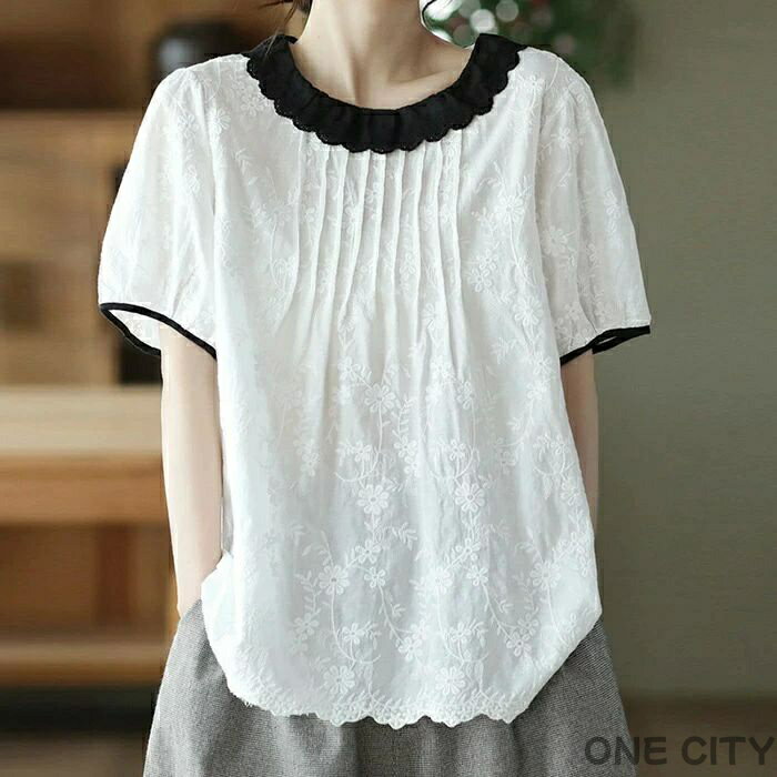 半袖 レディース 夏 シャツ プルオーバー 花柄 刺繍 綿麻風 カットソー クルーネック トップス tシャツ コットンリネン
