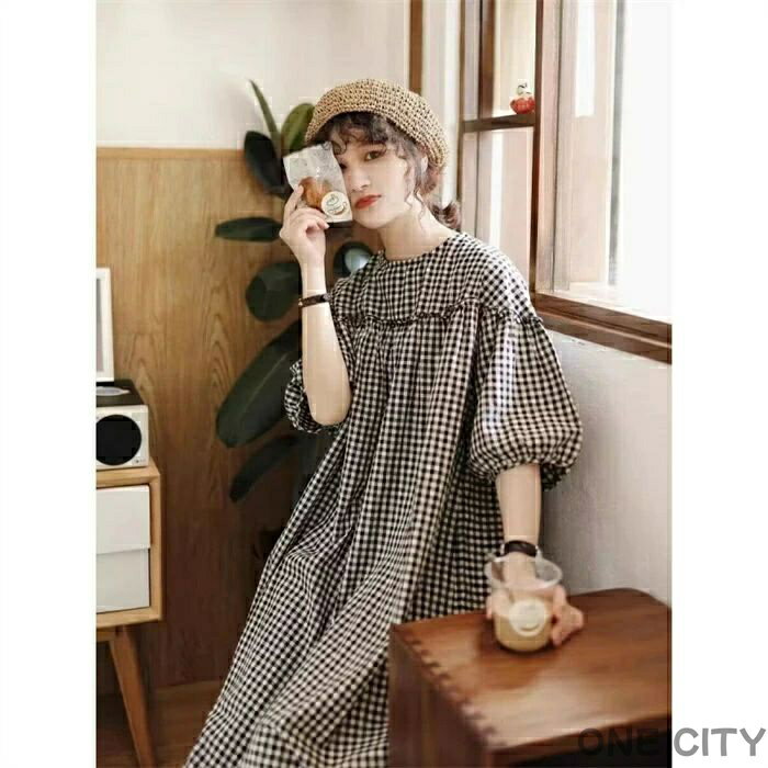 ボリューム袖 ロング ワンピース レディース 春夏 チェック パフスリーブワンピース ギンガムチェック ワンピース