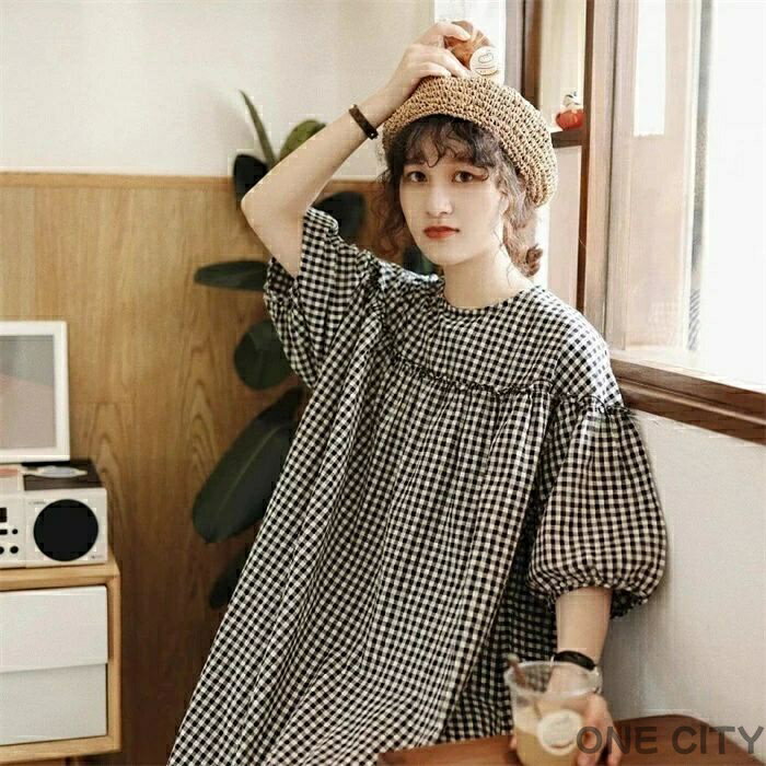 ボリューム袖 ロング ワンピース レディース 春夏 チェック パフスリーブワンピース ギンガムチェック ワンピース