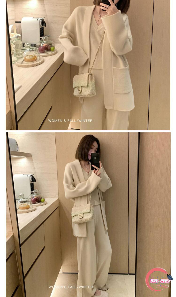 【送料無料】ニットアップ ロング ワイドパンツ カットソー ニット 秋冬 レディース カーディガン セットアップ