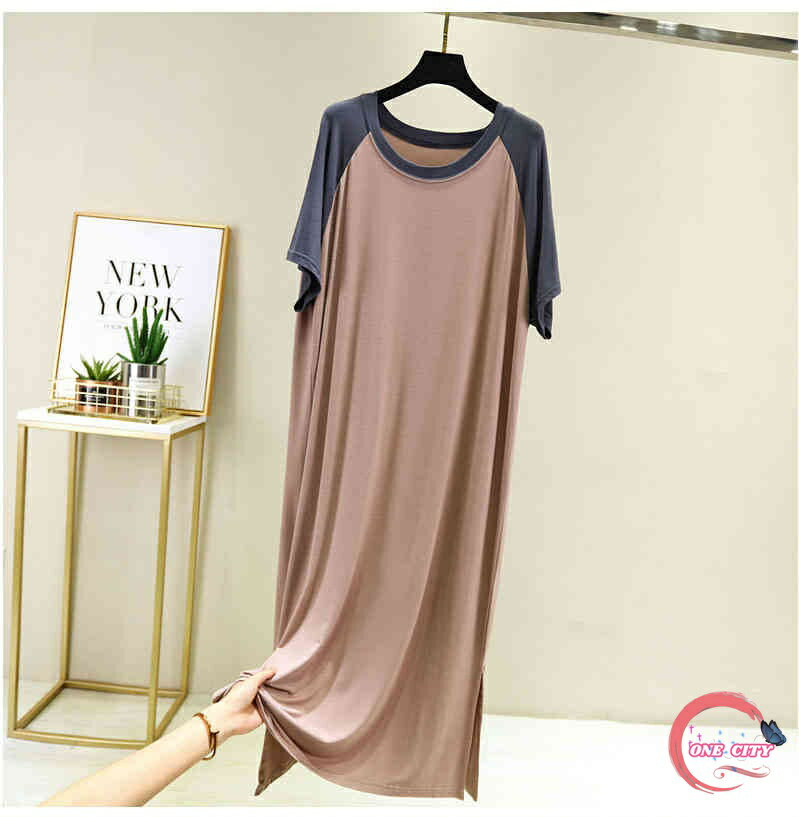 【送料無料】夏 レディース ゆったり ルームウエア ワンピース ロング 半袖 カットソー Tシャツワンピース パッチワーク パジャマ ネグリジェ