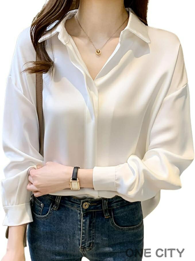 上質 シャツ レディース トップス Vネック 九分袖 ブラウス 着?せ エレガント オフィス シンプル カジュアル ゆったり 無地 すべすべ フォーマル 大人 春 夏 秋 通勤