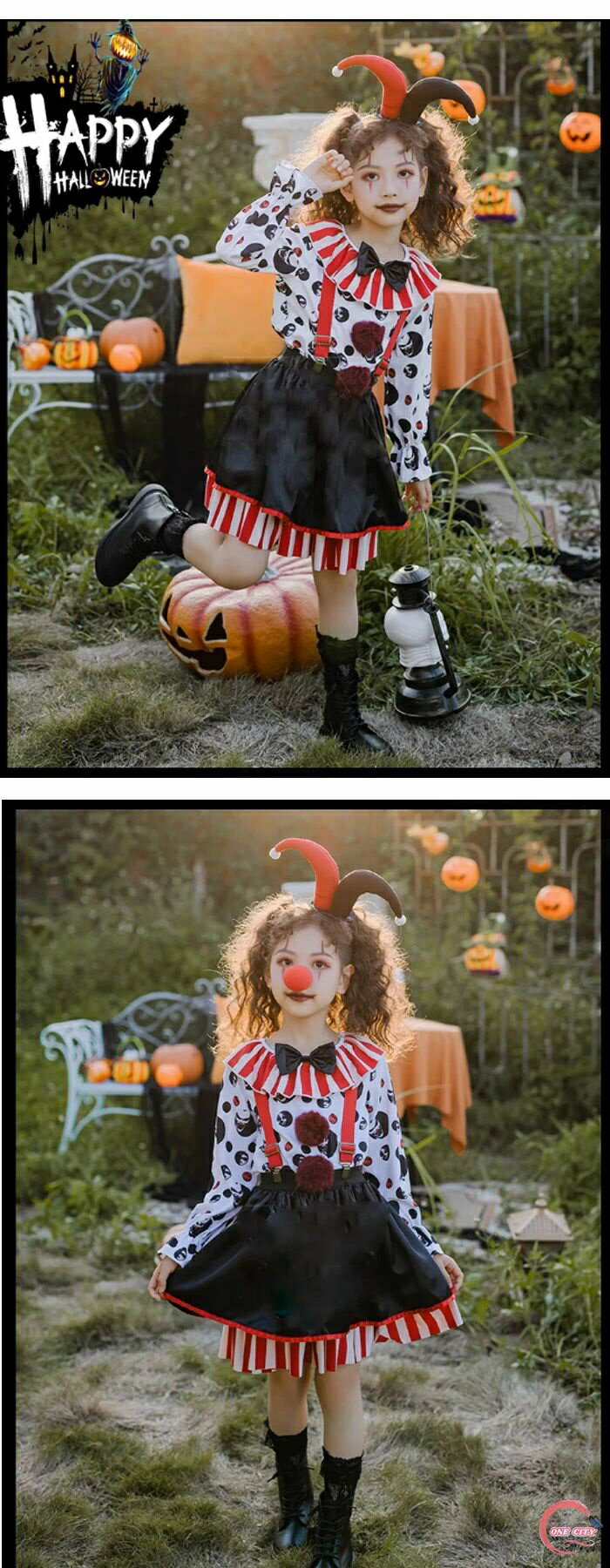 ハロウィン コスプレ 衣装 女の子 3点セット 子供用 キッズ ピエロ 魔女 悪魔 仮装 プレゼント cosplay パーティー 演出 舞台服 文化祭 可愛い お遊戯会 イベント服 写真撮影 110 120 130 140 150cm 2