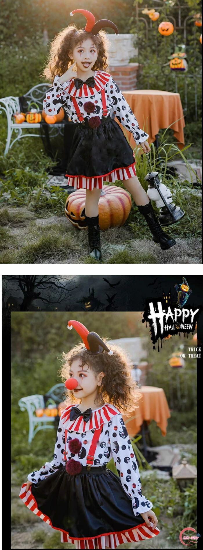 ハロウィン コスプレ 衣装 女の子 3点セット 子供用 キッズ ピエロ 魔女 悪魔 仮装 プレゼント cosplay パーティー 演出 舞台服 文化祭 可愛い お遊戯会 イベント服 写真撮影 110 120 130 140 150cm 3