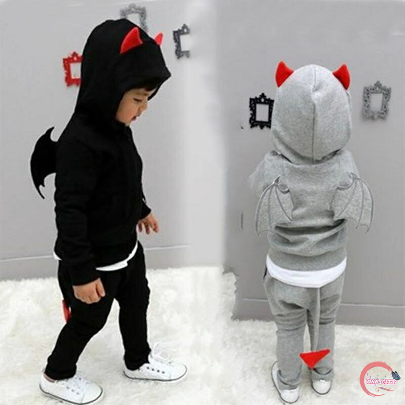 送料無料 子供 パーカー 上下セットアップ キッズ韓国子供服 セットアップ【デビル★セットアップ♪ベビー・キッズ★ 男女兼用！】裏起毛ではない スウェットです悪魔/シッポ/しっぽ/パーカー/長ズボン/男の子/おとこのこ/女の子/キッズ