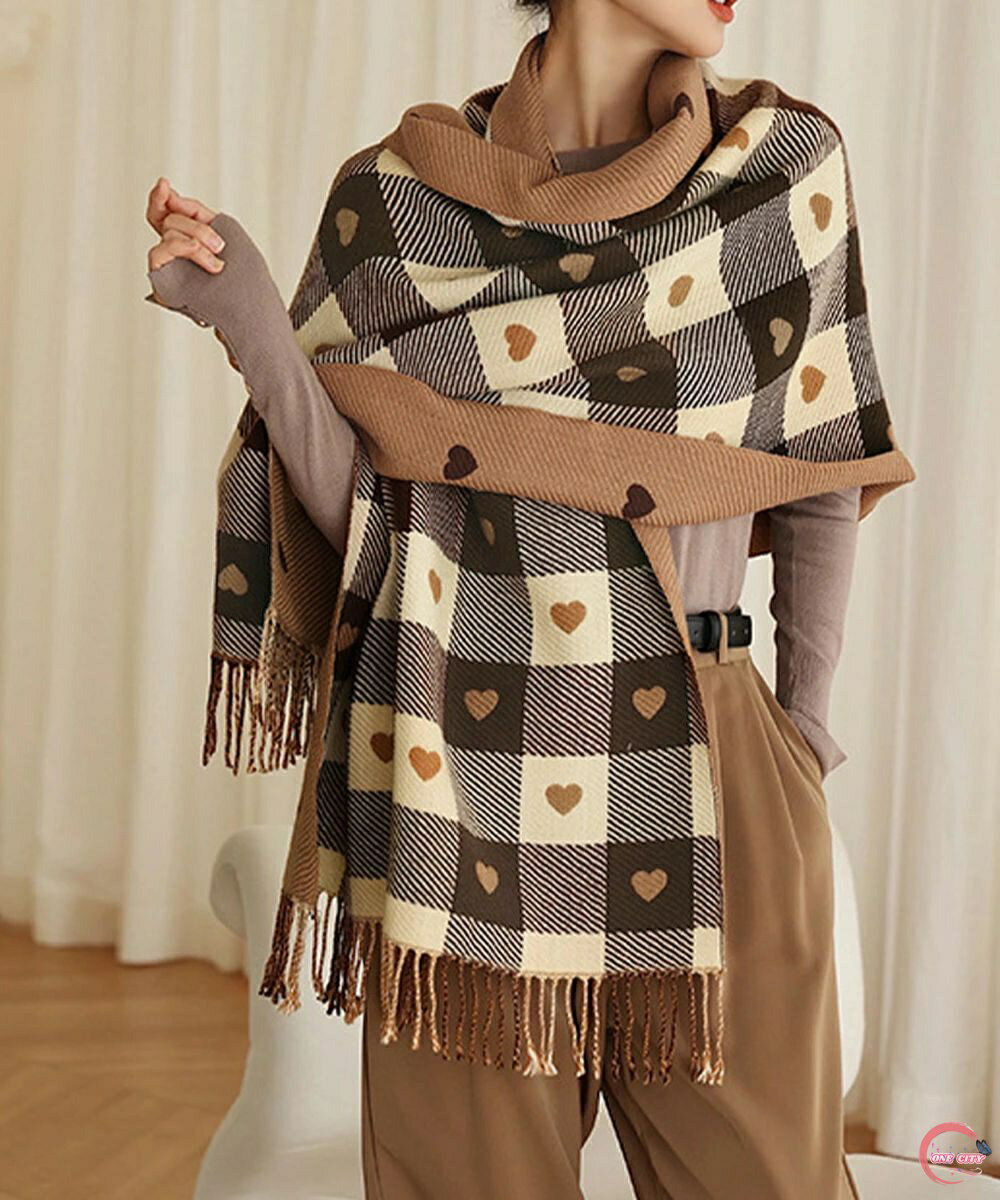 チェック柄 マフラー 大判ストール 厚手 可愛い ハート柄 スカーフショール リバーシブル レディース おしゃれ フリンジ 襟巻き 秋冬 防寒ひざ掛け 暖かい