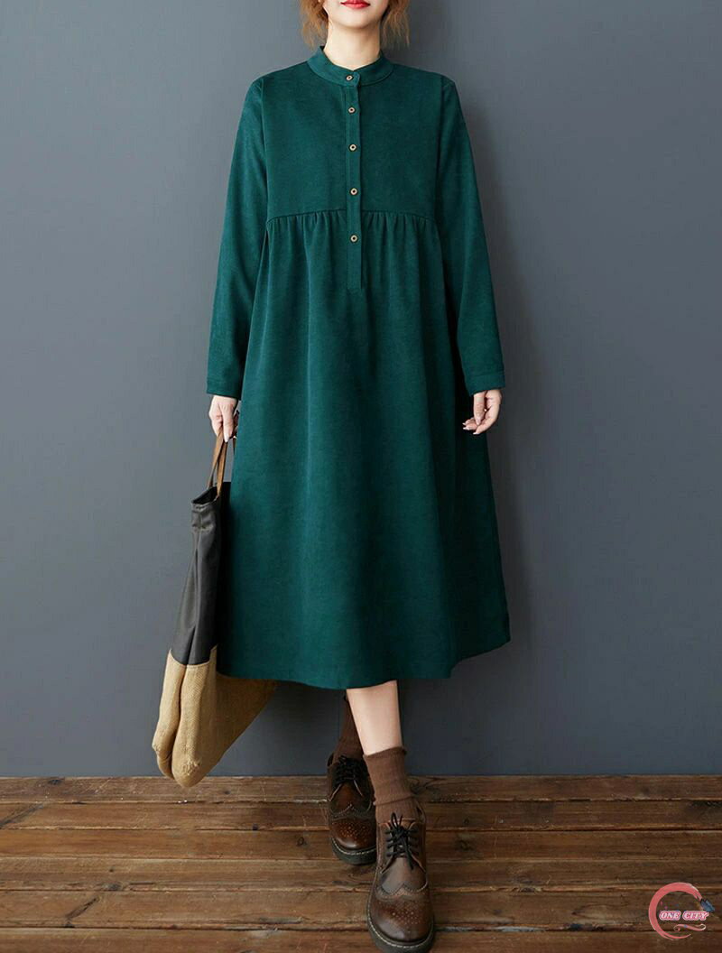 シャツワンピース 長袖 ワンピース レディース きれいめ ロングワンピース 秋 冬 春 ワンピース スタンドカラー ロング マキシ丈 膝下 長袖ワンピース 春秋 おしゃれ ワンピ ドッキング ウエストギャザー ポケット付き 無地 黒 グリーン ブルー 通勤 カジュアル ゆったり