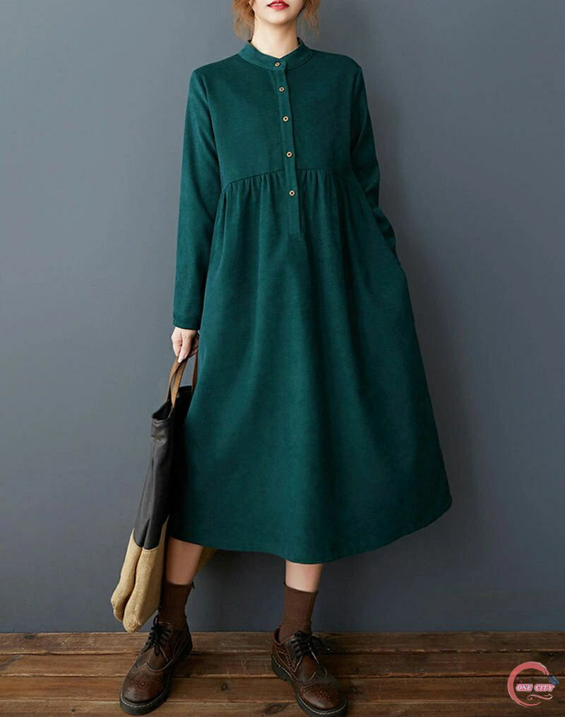 シャツワンピース 長袖 ワンピース レディース きれいめ ロングワンピース 秋 冬 春 ワンピース スタンドカラー ロング マキシ丈 膝下 長袖ワンピース 春秋 おしゃれ ワンピ ドッキング ウエストギャザー ポケット付き 無地 黒 グリーン ブルー 通勤 カジュアル ゆったり