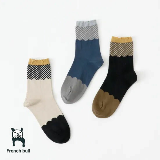 　その他の「French Bull フレンチブル」はコチラから　 日常にそっと寄り添うような心地の良さを感じる靴下。『日常が劇的に変わるわけではないけれど、少しでも心地がいいと感じ、身につけたくなるものをつくりたい』と本来はソックスにあまり使われないような上質な糸を使って丁寧につくられています。 philosophy ・・・・・・・・・・・・・・・・・・・・・・・・・・・・・・・・・・・・・・・・ 私達OneDay online shopはLADYS（レディース)、MENS(メンズ)アイテムの熊本地区正規販売店として インポートブランドを中心に、カジュアルなデイリーウェアを提供しています。ONE DAY（ワンデイ）では安心してお客様にお買い物（通販）をして頂けるよう努力を惜しまず、 お客様の生活の中でonedayの洋服で安心感と満足感を感じ取って頂けたら私達にとって、この上ない喜びです。商品、サイズ等分からない点がありましたらお気軽にご質問下さい。 DANTON(ダントン)、ORCIVAL(オーチバル/オーシバル)、GYMPHLEX(ジムフレックス)、LE GLAZIK(ルグラジック)、 HANDVAERK(ハンドバーク)、SAINT JAMES(セントジェームス)、 BABOUR(バブァー)、PYRENEX(ピレネックス)、GRAMICCI(グラミチ)、 FALKE(ファルケ)、 PARABOOT(パラブーツ)、BRADY(ブレディ)、HARVESTY(ハーベスティ)、 BRIEFING(ブリーフィング)、 GICIPI(ジチピ)、 WILD THINGS(ワイルドシングス)、 BROCANTE(ブロカント)、CONVERSE(コンバース)、 ORSLOW(オアスロウ)、 ORDINARY FITS(オーディナリーフィッツ)、 MIZUIRO IND(ミズイロインド)、 PRIT(プリット) 、BLUNDSTONE (ブランドストーン)、TWEED MILL(ツイードミル)、YARMO(ヤーモ)、HONNETE (オネット) etc… ・・・・・・・・・・・・・・・・・・・・・・・・・・・・・・・・・・・・・・・・フレンチブル French Bull レディース ビスキュイソックス 11-24261 Brand：French Bull フレンチブル Style：ビスキュイソックス 11-24261 Fabrique：綿80％ ナイロン18％ ポリエステル2％ Color：ライトベージュ(51)、ブルーグレー(68)、ブラック(76) Made in：japan Item：ストライプ柄と配色の切り替えがポイントのソックスです。 ベースはオーガニックコットン糸で薄く編み立てました。 つま先はリンキング仕様であたりがなく快適な 履き心地です。 TOPのラメがアクセントで、落ち着いた配色が合わせやすい1足です。 Size： 　　　　　　 FREE 履き口～かかとまで 19cm サイズ 23～25cm ※平置きで採寸しております。PC画面による若干の色差、採寸による誤差は予めご了承ください。