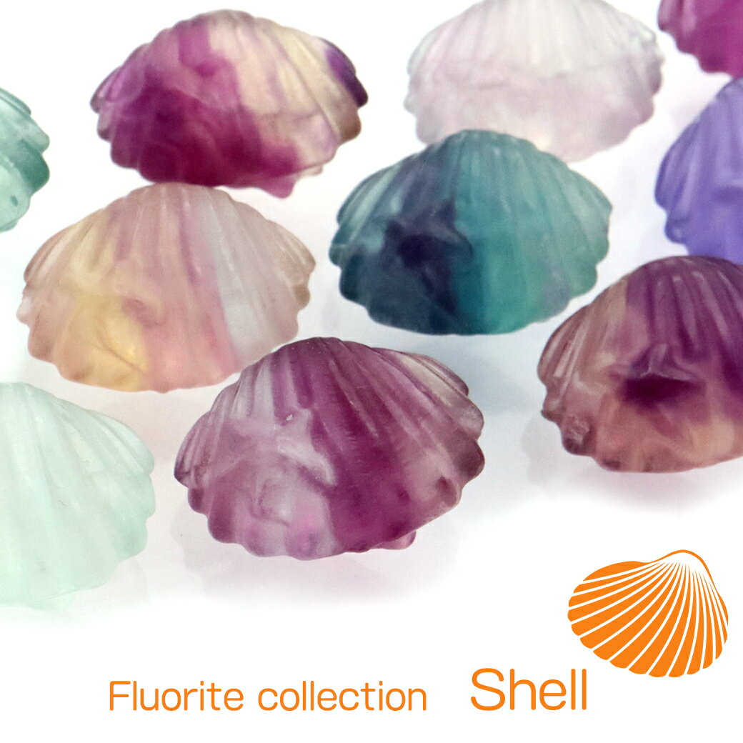 透明感のあるフローライトを彫刻した貝（シェル）の置き物です。 通し穴も空いているのでペンダントトップやストラップ、ブレスレット、ピアスなどのアクセサリーにもご使用いただけます。 ◆1点からの販売になります。 ◆サイズ 約18 x 10 x ...