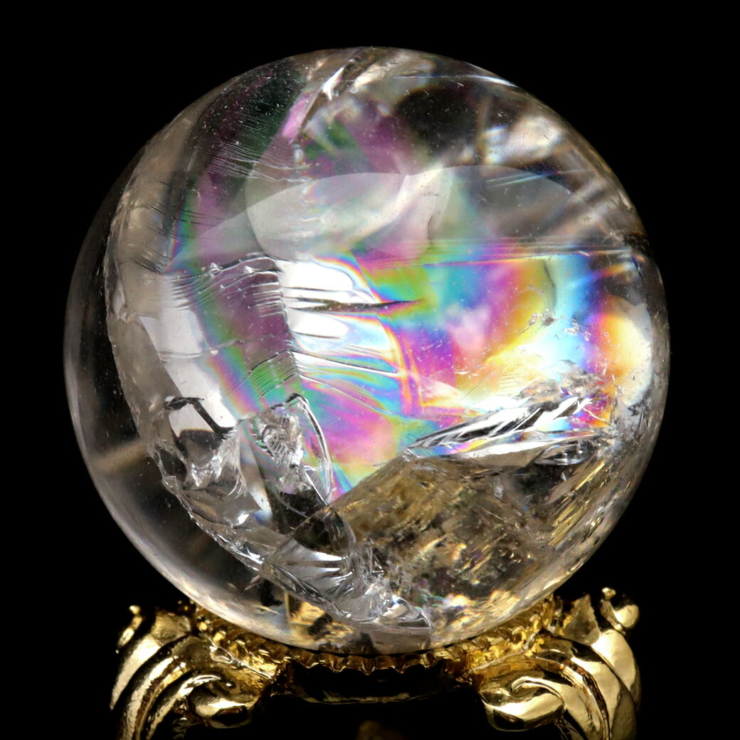 アイリスクォーツ 丸玉 水晶 虹入り AA 天然 直径約33mm 台座付き レインボー パワーストーン 天然石 1点もの 置き物 玉 球 本物 風水 グッズ 占い