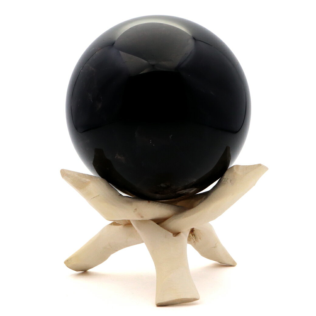 モリオン 黒水晶 丸玉 木製台座付き 直径 80mm 山東省産 天然石 パワース...