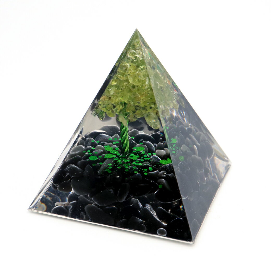 オルゴナイト ピラミッド 招財樹 ツリー 天然石 さざれ オブシディアン ペリドット 幅 約5cm orgonite pyramid 置物 パワーストーン 送料無料 母の日 贈り物 ギフト プレゼント