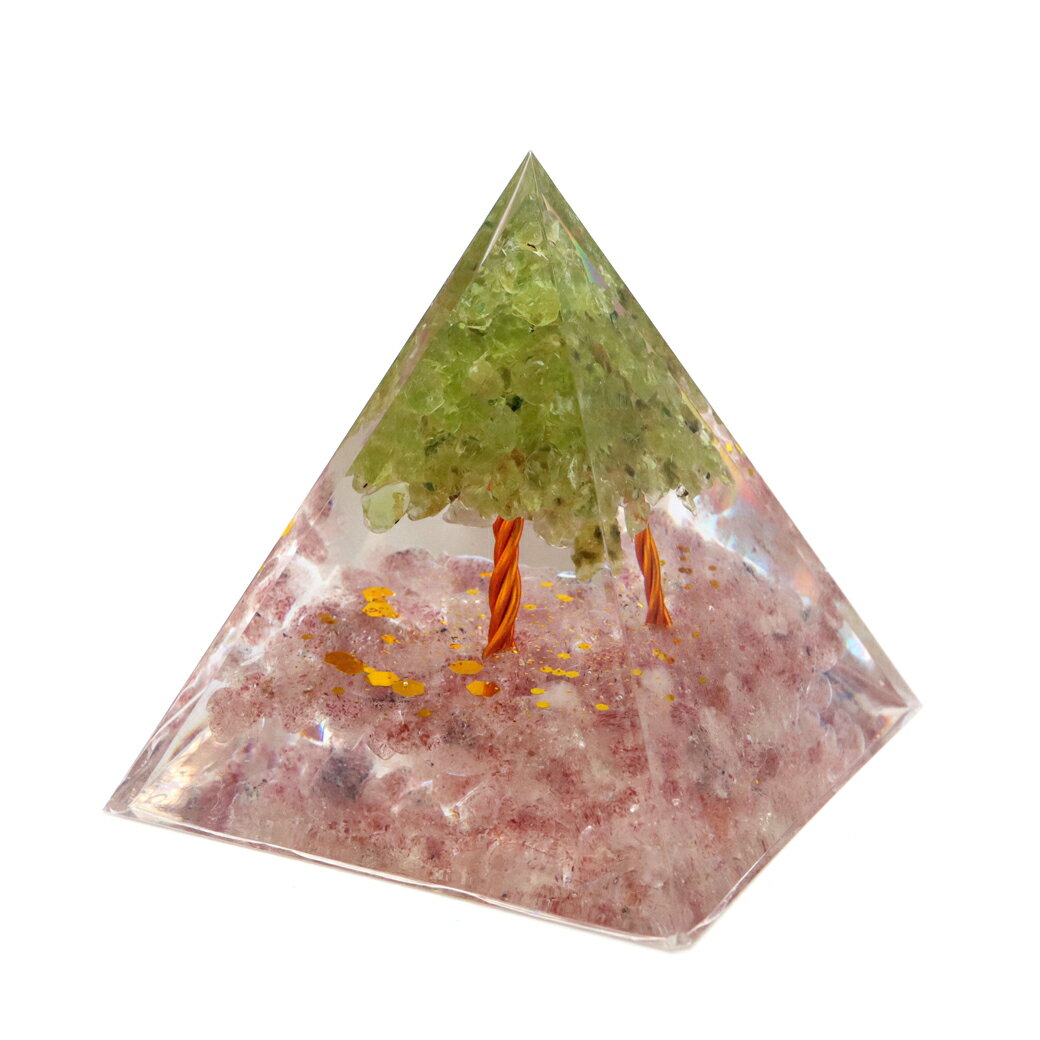 オルゴナイト ピラミッド 招財樹 ツリー 天然石 さざれ ストロベリークォーツ ペリドット 幅 約5cm orgonite pyramid 置物 パワーストーン 送料無料 母の日 贈り物 ギフト プレゼント