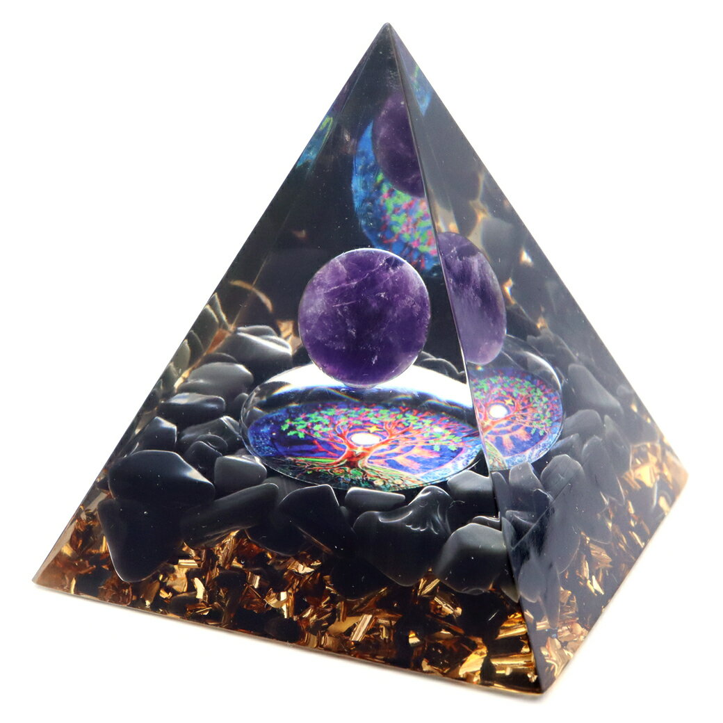 オルゴナイト ピラミッド 招財樹 オブシディアン さざれ アメジスト 丸玉入り orgonite pyramid 置物 天然石 パワーストーン 浄化 送料無料 父の日 贈り物 ギフト プレゼント