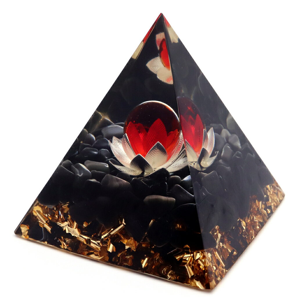 オルゴナイト ピラミッド オブシディアン さざれ 黒曜石 蓮の花 orgonite pyramid 置物 天然石 パワーストーン 浄化 送料無料 父の日 贈り物 ギフト プレゼント