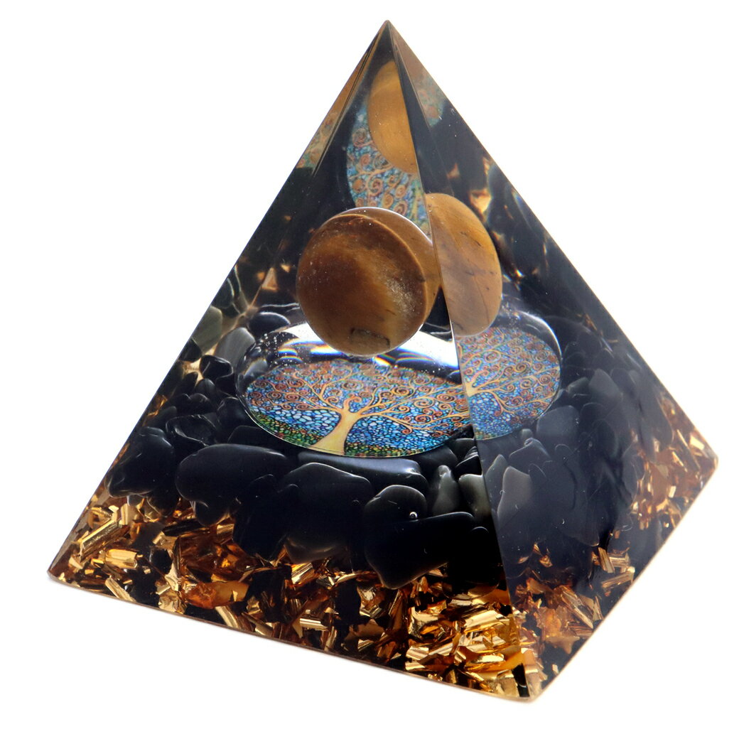 【スーパーSALE 20%OFF】オルゴナイト ピラミッド 生命の樹 オブシディアン さざれ タイガーアイ 丸玉入り orgonite pyramid 置物 天然石 パワーストーン 浄化 送料無料 父の日 贈り物 ギフト …