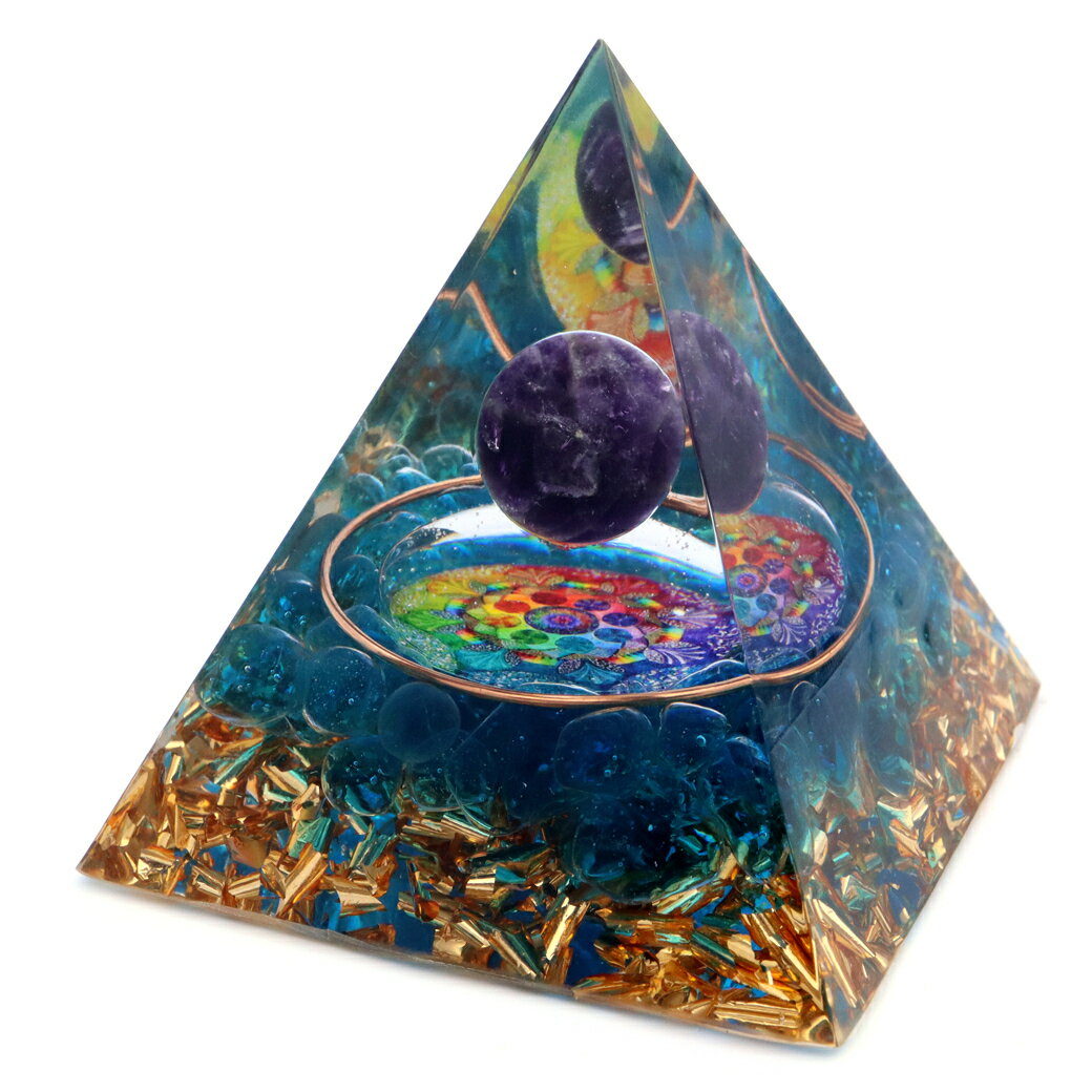 オルゴナイト ピラミッド アメジスト 丸玉入り 紫水晶 曼荼羅 orgonite pyramid 置物 天然石 パワーストーン 浄化 送料無料 父の日 贈り物 ギフト プレゼント