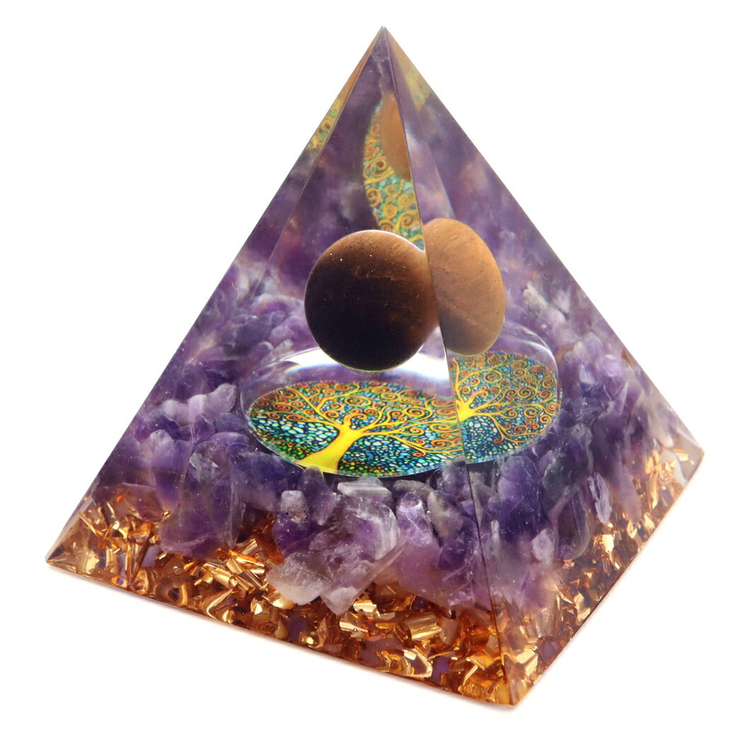 オルゴナイト ピラミッド 生命の樹 アメジスト さざれ タイガーアイ 丸玉入り orgonite pyramid 置物 天然石 パワーストーン 浄化 送料無料 父の日 贈り物 ギフト プレゼント