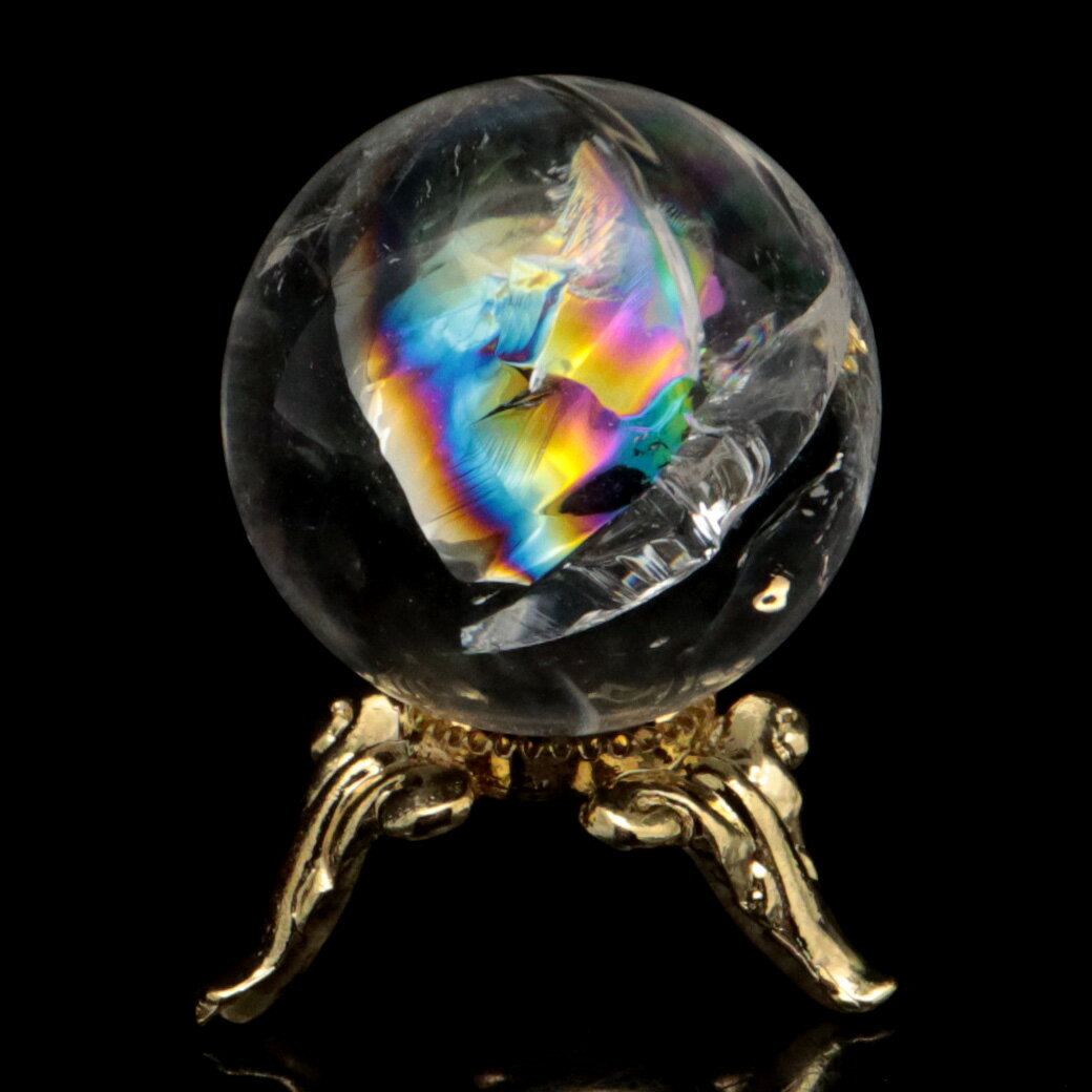 虹入り水晶 丸玉 台座付き AA 直径 24mm アイリスクォーツ ブラジル産 天然石 パワーストーン 1点もの Iris quartz 送料無料 母の日 贈り物 ギフト プレゼントのサムネイル