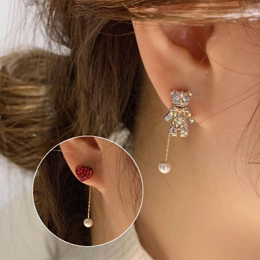ハート＆テディベア パールドロップピアス ゴールド レッド 針S925 パーティー 二次会 女子会 デート 大人女子 かわいい レディース 送料無料 SLENDER スレンダ ap250(4.0)