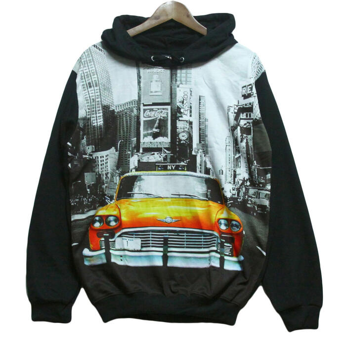 乐天商城 - 【送料無料】MAO MAO プルオーバーパーカー ブラック メンズ アメリカ ニューヨーク クラッシックカー ストリート系 フード付き スウェット タクシー デザイン プリント 男女兼用 レディース お洒落 秋冬 長袖