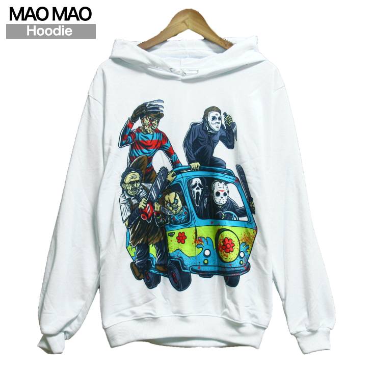 【送料無料】MAO MAO プルオーバーパーカー ホワイト ストリート系 フード付き 映画 チャッキー ジェイソン フレディー ホラー映画 アメリカ かわいい おしゃれ インパクト抜群 おもしろデザイン プリント メンズ 男女兼用 レディース お洒落 秋冬 プレゼント 長袖