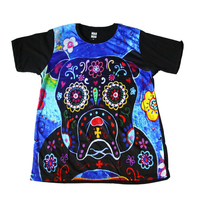 Rakuten - 【送料無料】MAO MAO プリントTシャツ ブラック メンズ ブルドッグ わんちゃん 花柄 スケーター スケートボード キュート カワイイ おしゃれ ストリート系 カッコイイ クール インナー 柄物 半袖