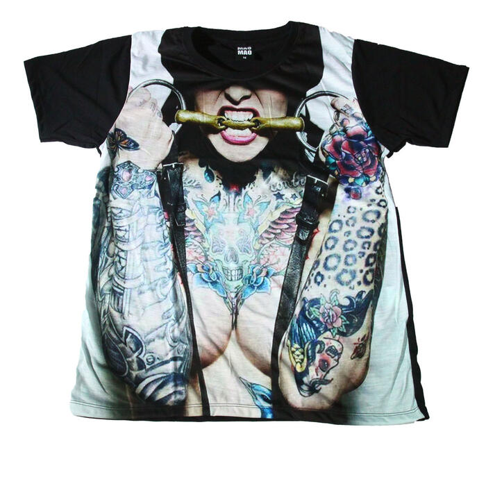 楽天メンズファッションONE SKY【送料無料】MAO MAO プリントTシャツ ブラック メンズ SM ボンテージ セクシー クラブ スケーター 女王様 ヌード タトゥー カワイイ おしゃれ ストリート系 カッコイイ インパクト クール インナー 柄物 半袖