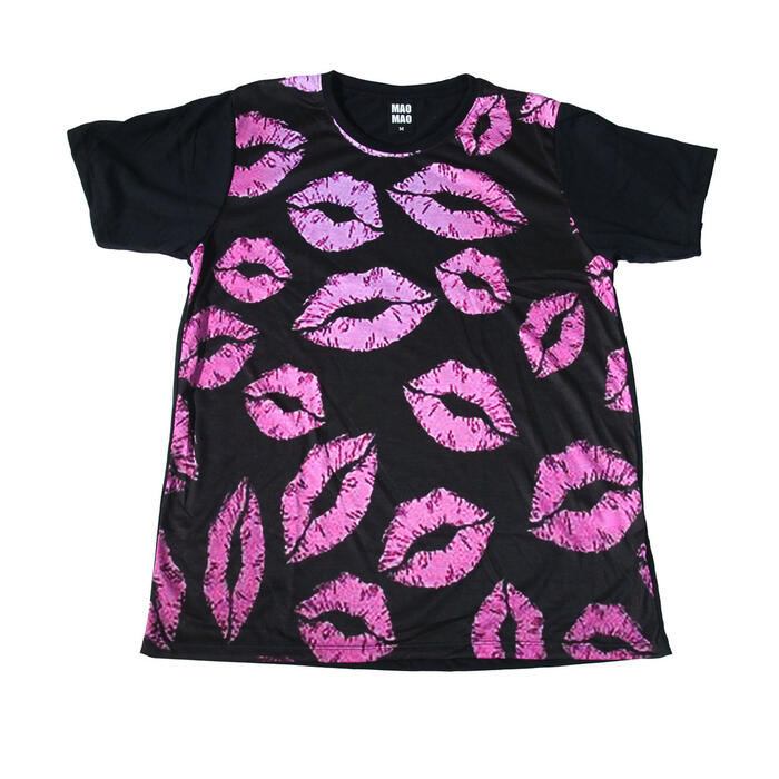 【送料無料】MAO MAO プリントTシャツ ブラック メンズ キスマーク 唇 ドット柄 パーティー リップ スケーター スケートボード カワイイ おしゃれ ストリート系 インパクト抜群 カッコイイ クール インナー 柄物 半袖