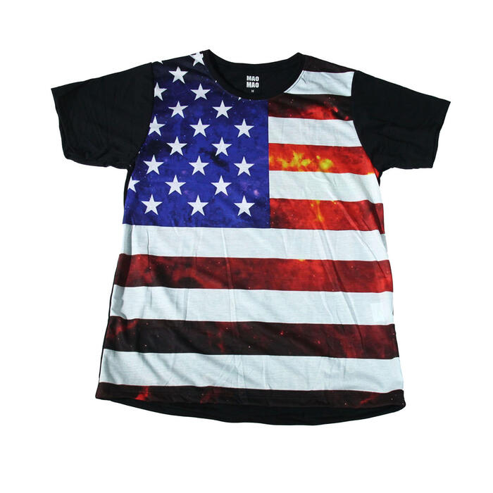 乐天商城 - 【送料無料】MAO MAO プリントTシャツ ブラック メンズ アメリカ 国旗 応援 星条旗 オリンピック スポーツ 金メダル 国旗独立記念日 スタジアム インパクト抜群 カワイイ おしゃれ ストリート系 カッコイイ クール インナー 柄物 半袖