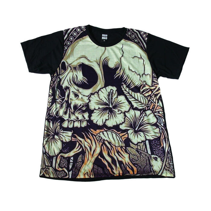 乐天商城 - 【送料無料】MAO MAO プリントTシャツ ブラック メンズ ドクロ スカル ガイコツ 花柄 ハードロック バイク 音楽 カワイイ おしゃれ ストリート系 カッコイイ クール インナー 柄物 半袖
