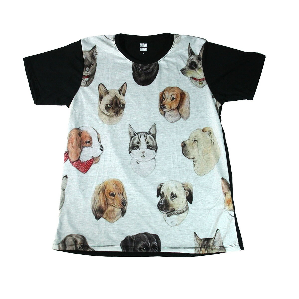 【送料無料】MAO MAO プリントTシャツ ブラック メンズ アニマル 犬 猫 ペット ショップ 店員 動物 イラスト プレゼント カワイイ おしゃれ ストリート系 カッコイイ クール インナー 柄物 半袖 M/L/XLサイズ 大きいサイズ