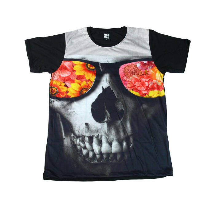 乐天商城 - 【送料無料】MAO MAO プリントTシャツ ブラック メンズ ドクロ スカル サングラス 花柄 フラワー デザイン ガイコツ インパクト抜群 ロック バイク カワイイ おしゃれ ストリート系 カッコイイ クール インナー 柄物 半袖 M/L/XLサイズ 大きいサイズ