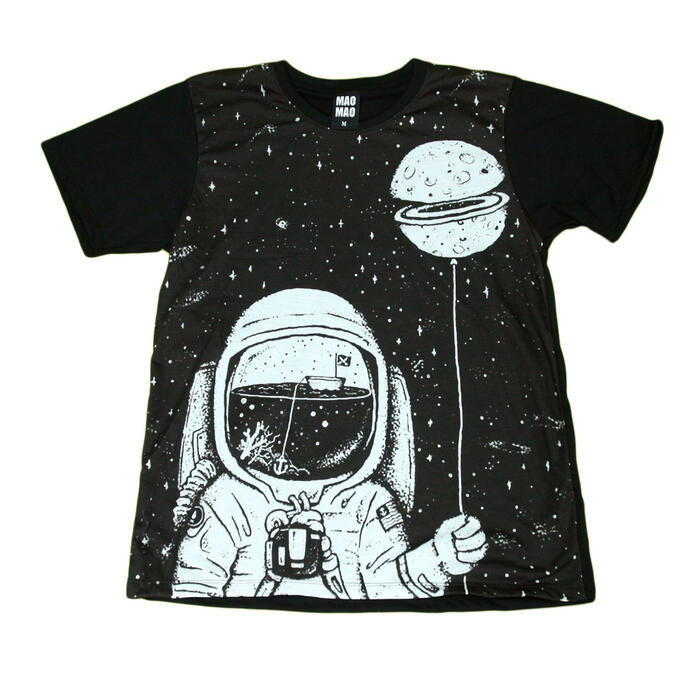 【送料無料】MAO MAO プリントTシャツ ブラック メンズ 宇宙飛行士 風船 バルーン NASA JAXA おもしろ実験 インパクト抜群 スペース 地球 カワイイ おしゃれ ストリート系 カッコイイ クール インナー 柄物 半袖 M/L/XLサイズ