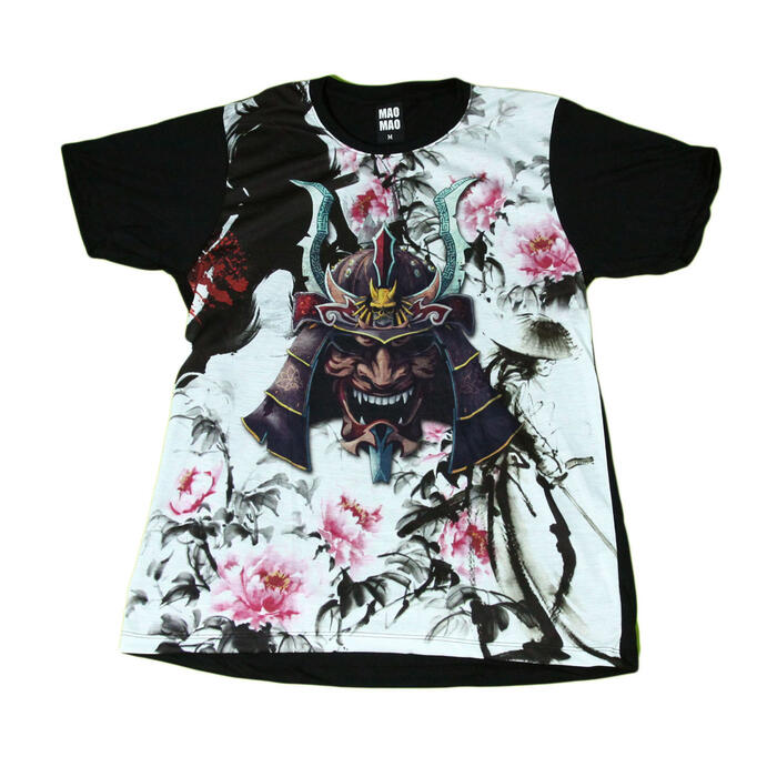 Rakuten - 【送料無料】MAO MAO プリントTシャツ ブラック メンズ 戦国武将 般若 花柄 兜 合戦 日本 鎧 インパクト抜群 カワイイ おしゃれ ストリート系 カッコイイ クール インナー 柄物 半袖 M/L/XLサイズ