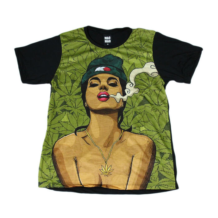 MAO MAO プリントTシャツ ブラック メンズ セクシーガール 大麻 マリファナ ヌード エッチ 裸 ビーチ タバコ ニット帽 weed カワイイ おしゃれ ストリート系 カッコイイ クール インナー 柄物 半袖 M/L/XLサイズ