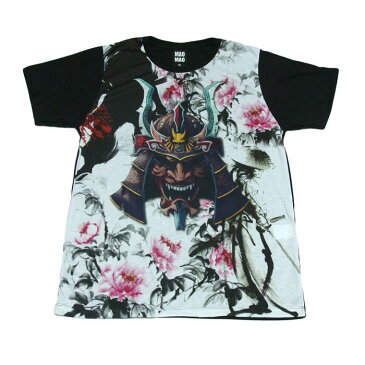 【送料無料】MAO MAO プリントTシャツ ブラック メンズ 戦国武将 サムライ 花柄 仮面 マスク 甲冑 鎧兜 合戦 日本 ドクロ スカル ガイコツ カワイイ おしゃれ ストリート系 カッコイイ クール インナー 柄物 半袖 M/L/XLサイズ