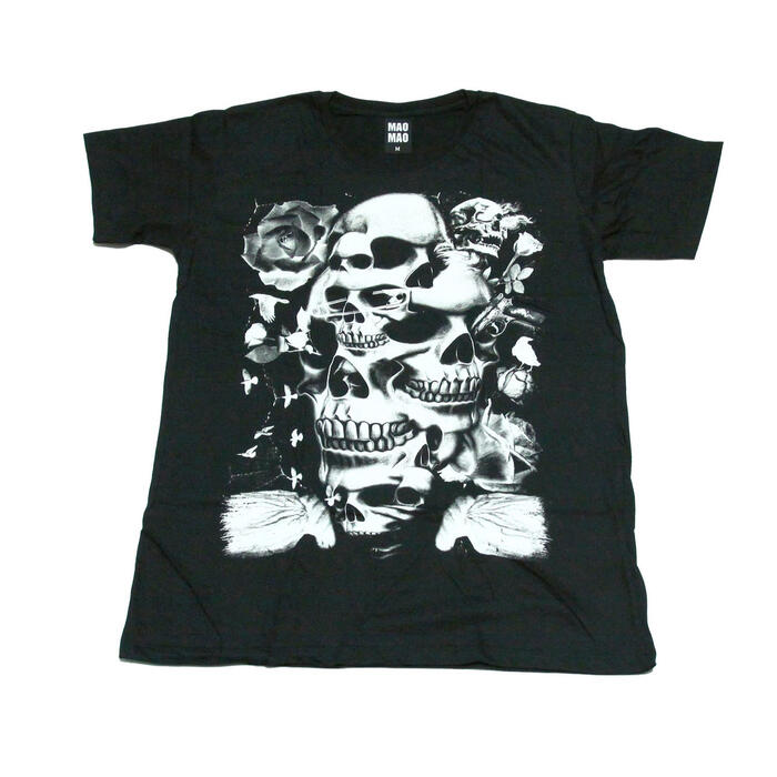 乐天商城 - 【送料無料】MAO MAO スカル ドクロ ガイコツ コットンTシャツ ブラック メンズ バイク ライダー パンクロック 音楽 スケルトン バイカー インパクト抜群 ストリート系 おしゃれ クール プレゼント デザインTシャツ 半袖 M/L/XLサイズ