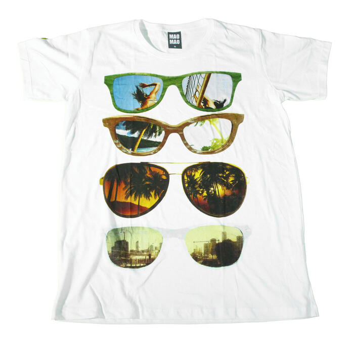 乐天商城 - 【送料無料】MAO MAO コットンTシャツ プリントTシャツ ホワイト メンズ サングラス ハワイ ビーチ 海岸 旅行 南国 メガネ カラフル おしゃれ ストリート系 クール 半袖 M/L/XLサイズ
