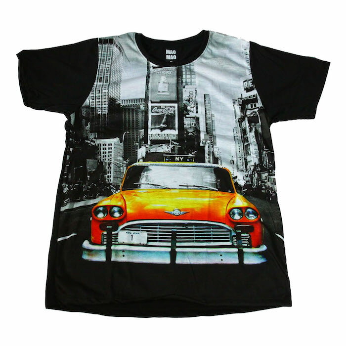 【送料無料】MAO MAO プリントTシャツ ブラック メンズ アメリカ タクシー キャブ クラッシックカー ニューヨーク ドライブ 車 旅行 夏 アメ車 デザイン カーマニア コレクター カワイイ おしゃれ ストリート系 カッコイイ クール インナー 柄物 半袖 M/L/XLサイズ